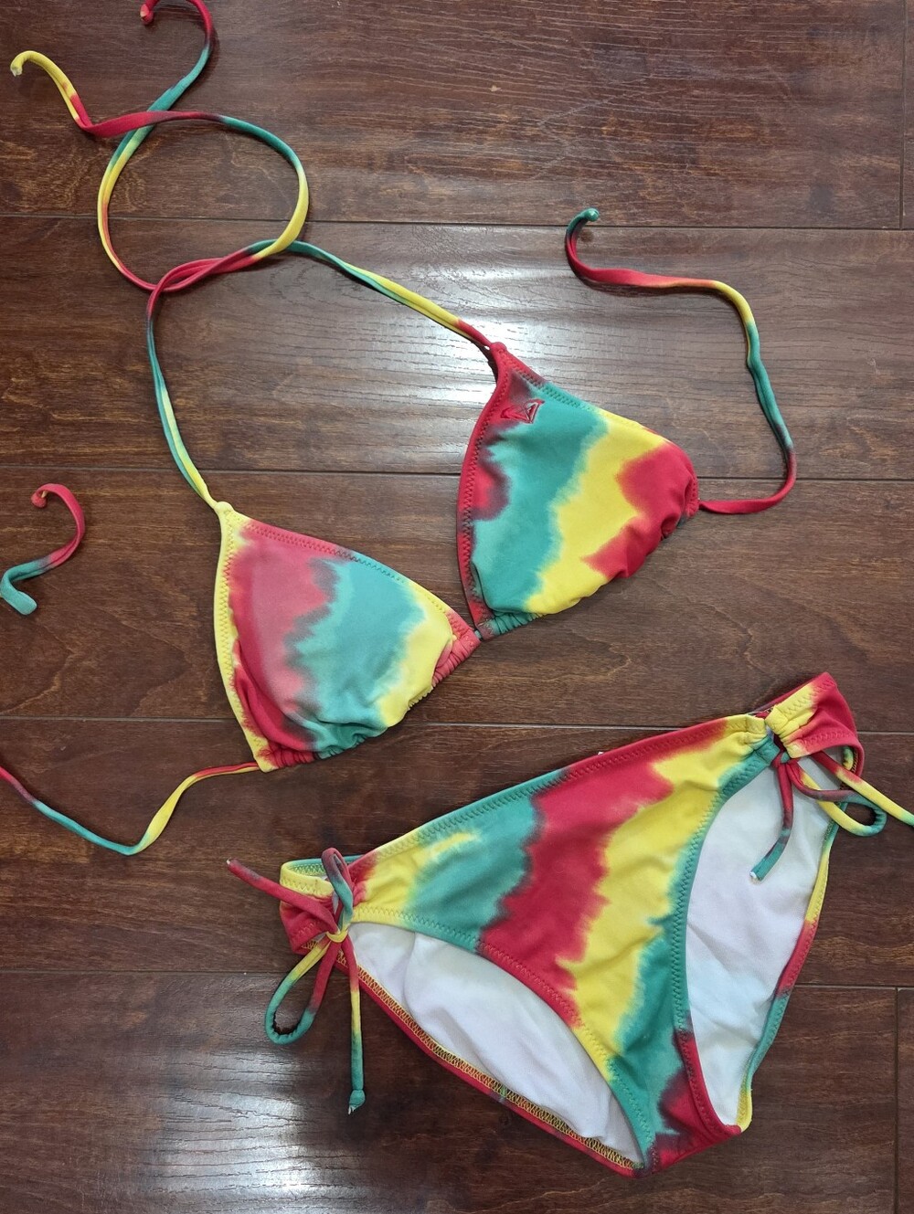 Vintage 2007 Roxy Rasta Tie Dye 2 Piece Triangle String Bikini Set Size Medium